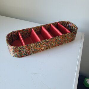 Vintage Colorful Paisley Satin Glove Box Organizer Oval Lingerie Storage Rare